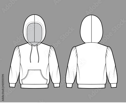 Hoody sweatshirt technical fashion illustration with elbow sleeves, relax body, kangaroo pouch, banded hem, drawstring. Flat apparel template front, back, white color. Women, men, unisex CAD mockup