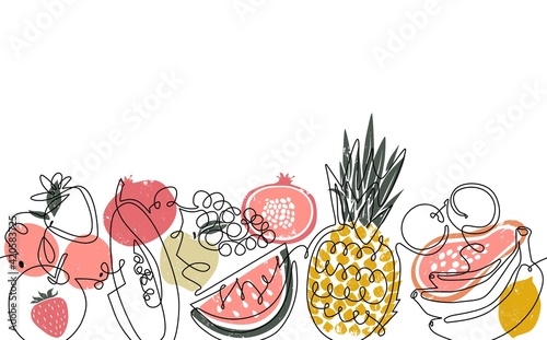 Seamless Horizontal Pattern with Fruits. Summer Banner isolated on white Background. Single art Style. Poster with organic food. 
