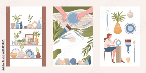 Pottery shop, handmade clay utensil vector flat illustration. Vases, pots with plants, plates and mugs on wooden shelf, woman crafting modern vase, hands making pot. Tools for tableware creation.