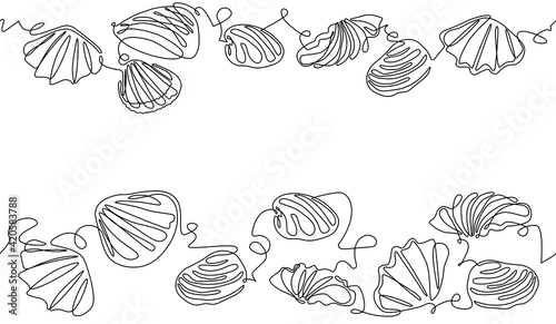 Two top and bottom  patterns with sea shells and a empty space for text. Single line art. Background for your design. Can be yused also  like print, wallpaper, banner, template. Vector illustration.
