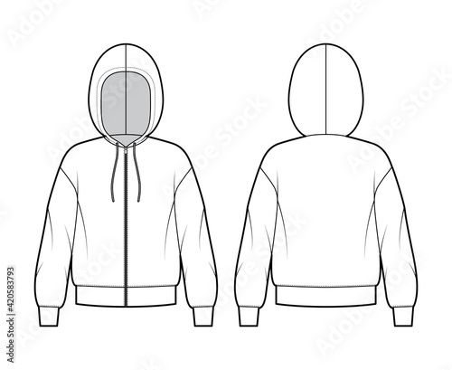 Zip-up Hoody sweatshirt technical fashion illustration with long sleeves, oversized body, cuff, drawstring. Flat apparel template front, back, white, grey color style. Women, men, unisex CAD mockup