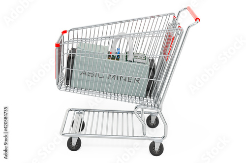 Shopping cart with ASIC miner. 3D rendering