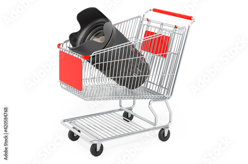 Shopping cart with camera lens. 3D rendering © alexlmx