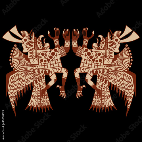 Symmetrical design with two flying anthropomorphic birds. Ancient Peruvian Native American art of Mochica or Moche Indians. Ethnic tribal folk style.