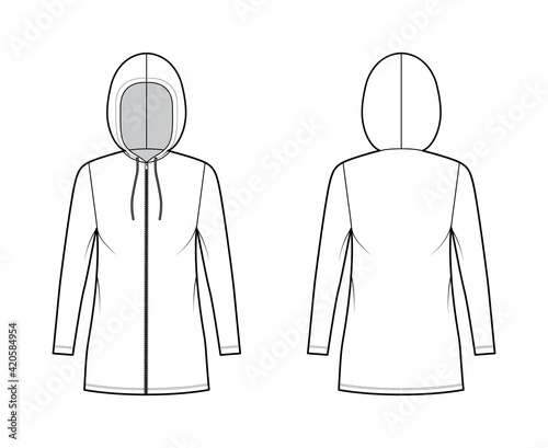 Zip-up Hoody dress technical fashion illustration with long sleeves, mini length, oversized body, Pencil fullness. Flat apparel template front, back, white color style. Women, men, unisex CAD mockup