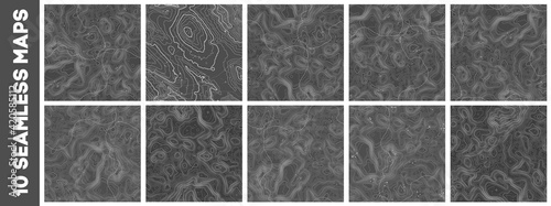 Seamless topographic map patterns set. Line topography map contour background, geographic grid. Mountain hiking trail over terrain.