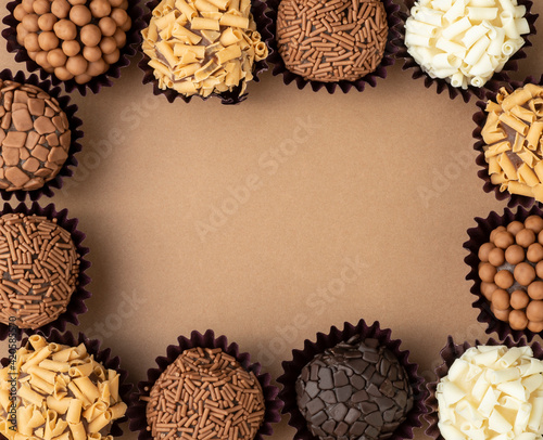 Typical brazilian brigadeiros, various flavors with room for text photo