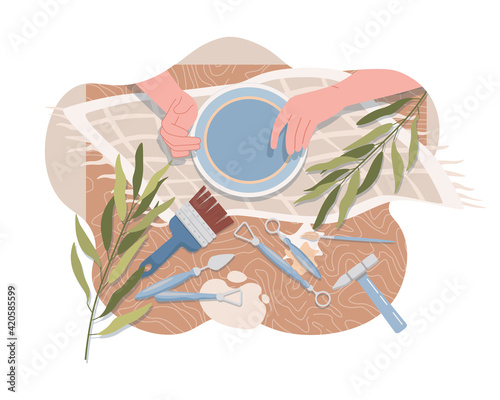 Hands making and decorating plate vector flat top view. Tools for making pottery, kitchen utensil, tableware for home decoration. Ceramic studio, pottery workshop, handcraft hobby concept.