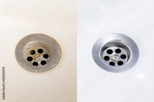 dirty and clean domestic bath drain sink. before and after cleaning sink bowl