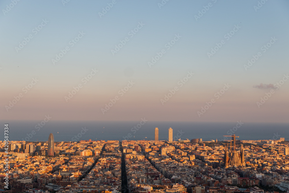 Beautiful panoramic view of Barcelona, Spain during sunset