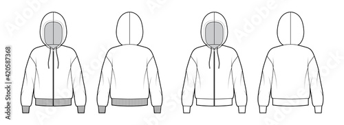 Set of Zip-up Hoody sweatshirt technical fashion illustration with long sleeves, oversized body, knit rib cuff, banded hem. Flat apparel template front, back, white color. Women, men unisex CAD mockup