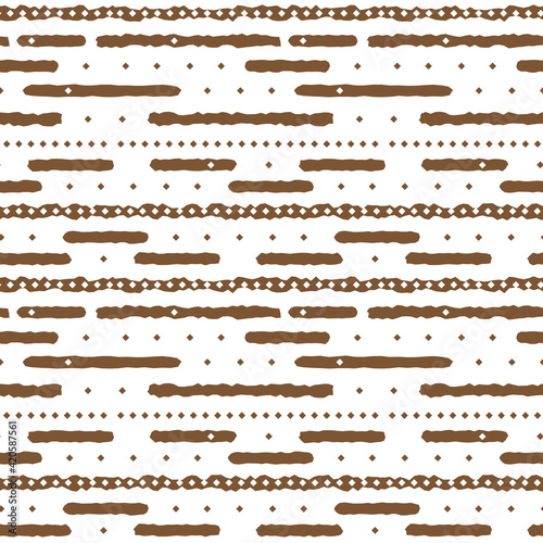 White brown monochrome abstract geometric graphic seamless border pattern. Illustration contains lines like worms, rhombus like stars. Horizontal stripes for print textiles. © essskina