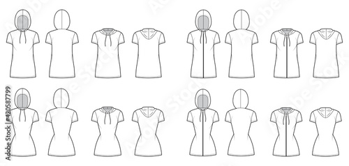 Set of Zip-up Hoody dresses technical fashion illustration with short sleeves, mini length, oversized, fitted body, Pencil fullness. Flat apparel front, back, white color. Women, men unisex CAD mockup
