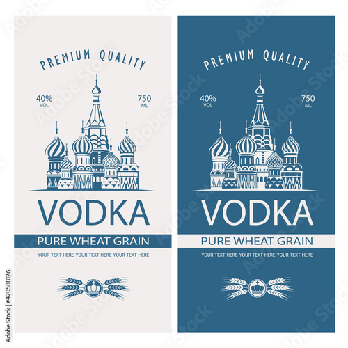 collection of vodka labels with Basil Cathedral in retro style