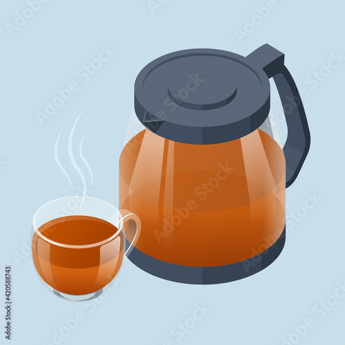 Isometric Tea ceremony icon. Fresh brewed black tea in a glass teapot and cup of tea. Traditional Asian tea ceremony arrangement.