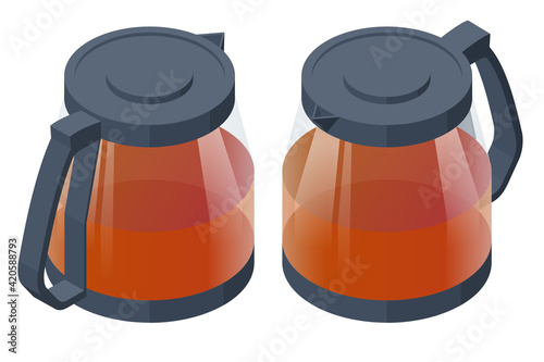 Tea ceremony icon. Fresh brewed black tea in a glass teapot isolated on white. Traditional Asian tea ceremony arrangement.