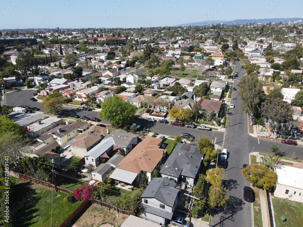 Aerial view above Reynier Village neighborhood in West Los Angeles, California. USA