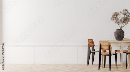 Scandinavian and retro style template. Wall mockup  dining table set on white background. 3d rendering illustration. Clipping path included.