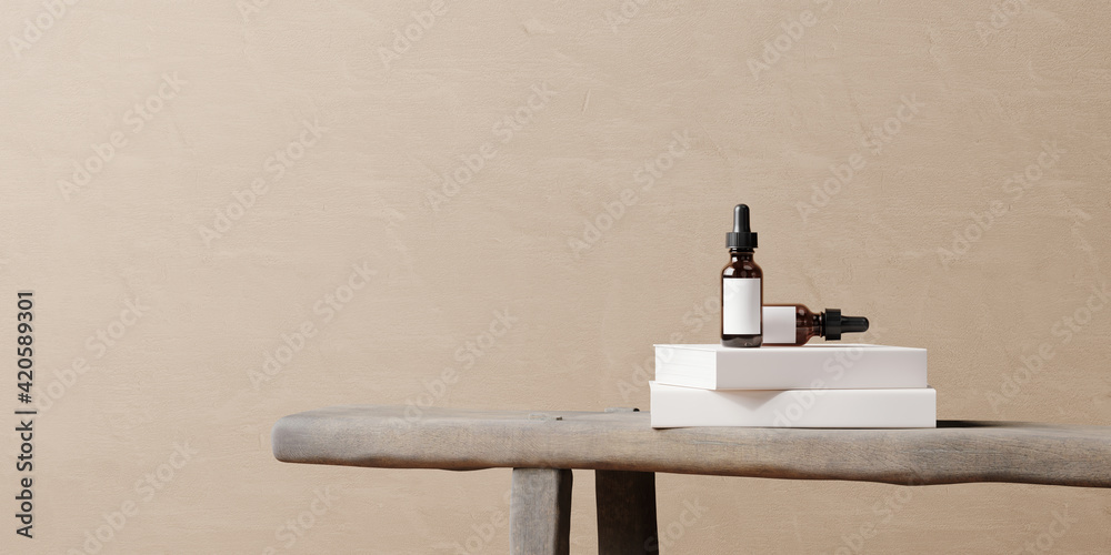Mediterranean style mockup for product presentation. Cosmetic bottle and vintage wooden bench on beige stucco background. Clipping path of each element included. 3d rendering illustration. 