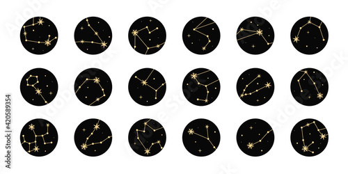 Vector set of highlights with golden stars and constellations. Mystical magic elements, spiritual occultism objects. Trendy minimal style.