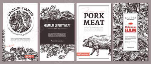 Design of cards, posters, labels or tags for meat farm natural products. Templates with jamon, ham, pork with hand drawn greenery and vegetables. Layouts with sketch illustrations