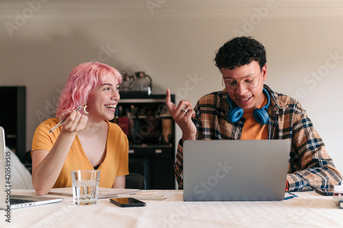 Teenagers studying at home