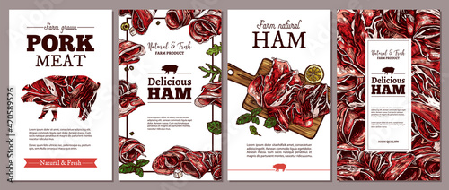 Design of cards, posters, labels or tags for meat farm natural products. Templates with jamon, ham, pork with hand drawn greenery and vegetables. Layouts with sketch illustrations