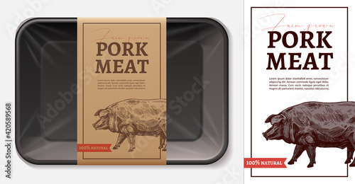 Package design for farm fresh meat food, pork, ham, fillet with typography and sketch hand drawn pig on craft paper label or tag. Plastic foam butcher container realistic vector mockup