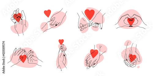 Vector set of linear holding hands gestures, logo design template for charity and donation concepts. Love and friendship hands for tattoo, print and sticker design elements. Card template for