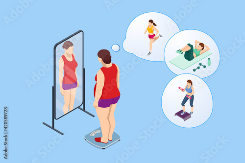 Isometric Healthy food and Diet planning. Fat woman looks with a mirror and introduces herself slender, the dream of losing weight
