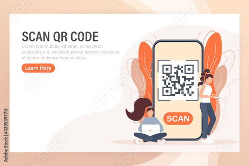 Scan qr code people, great design for any purposes. 3d vector background. Flat design. Vector character illustration.