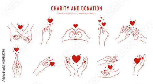 Vector set of linear holding hands gestures, logo design template for charity and donation concepts. Love and friendship hands for tattoo, print and sticker design elements. Card template for
