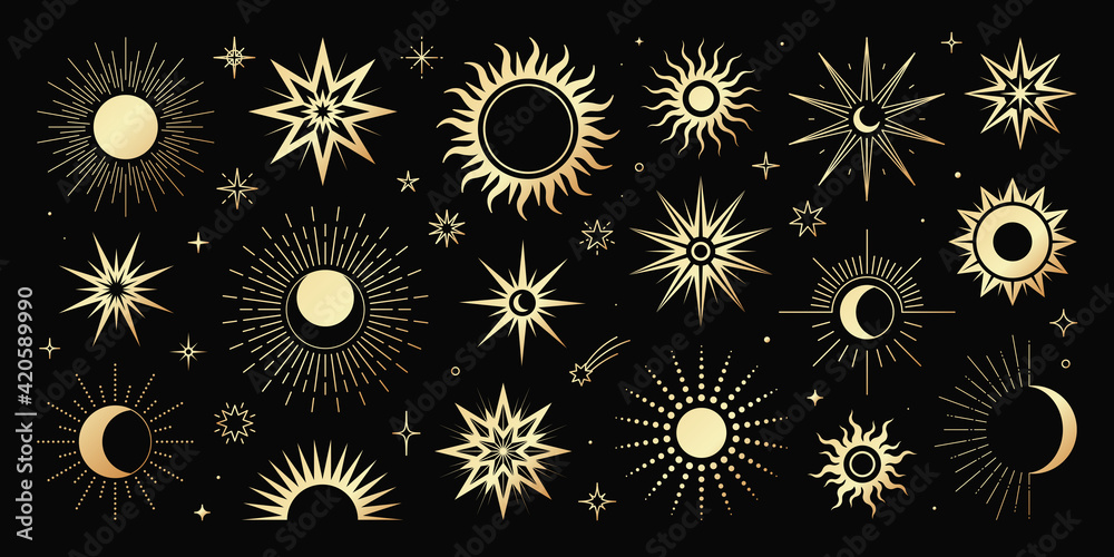 Vector golden set of mystical magic different sun and moon. Spiritual occultism objects, trendy style. Elements template for posters, prints, patterns, illustrations and logos.