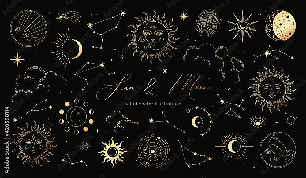 Golden set of sun, moon, stars, clouds, constellations and esoteric symbols. Alchemy mystical magic elements for prints, posters, illustrations and patterns. Spiritual occultism objects.