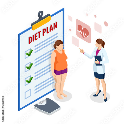 Isometric Doctor's consultation for an overweight patient. Health risk, obesity. Doctor's recommendations. Sport, Diet Plan.