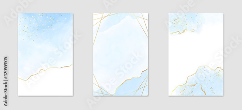 Collection of abstract dusty blue liquid watercolor background with golden stains and frame. Pastel marble alcohol ink drawing effect. Vector illustration design template for wedding invitation