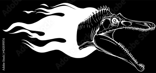 Flaming dinosaurus with flames silhouette in black background vector illustration