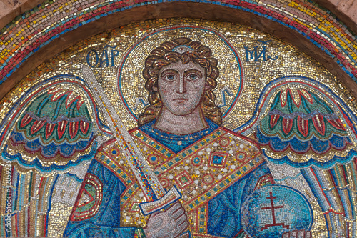 Ancient image of the archangel Michael with a sword. Lined with mosaic