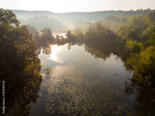 Aerial early morning view of trees and river. Beautiful foggy forest scene in autumn with orange and yellow foliage.