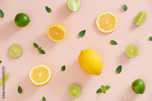 Colorful pattern of mint, lime, lemon,ginger slices