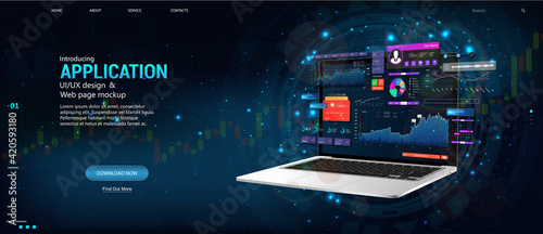 Fototapeta Naklejka Na Ścianę i Meble -  Modern web banner. Business data and investment analysis on laptop with dashboard UI interface. Website and mobile version web. Isometric banner with budget accounting or statistics concept. Vector