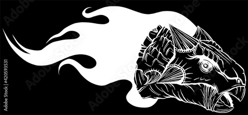 Flaming dinosaurus with flames silhouette in black background vector illustration
