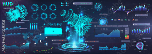 Modern Business Elements UI, UX in HUD style. Futuristic User Interface GUI 3D objects, infographics, circle, graphic data and chart. Virtual touch graphic interface HUD. Vector interface set for Web