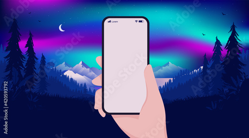 Smartphone mockup in night landscape - Hand holding phone with empty blank screen, northern light and landscape in background. Vector illustration