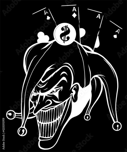 Vector fantasy illustration of a joker silhouette in black background