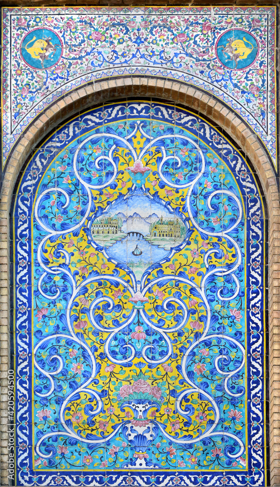Ceramic tile artwork in Golestan Palace, Tehran, Iran. Qajar period