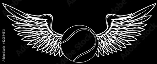 winged icon featuring tennis ball silhouette in black background vector illustration