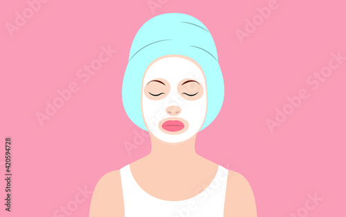 Facial mask Vector illustration in flat design Young woman in towel on her head in white mask on pink background