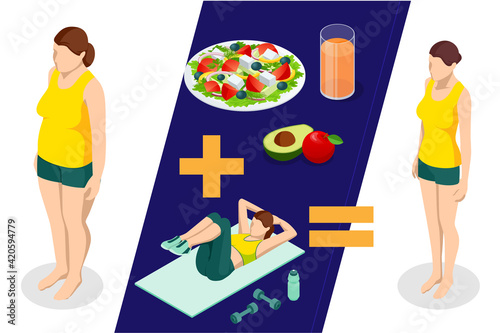 Isometric Healthy food and Diet planning concept. Healthy eating, personal diet or nutrition plan from dieting expert. Nutrition consulting, diet plan