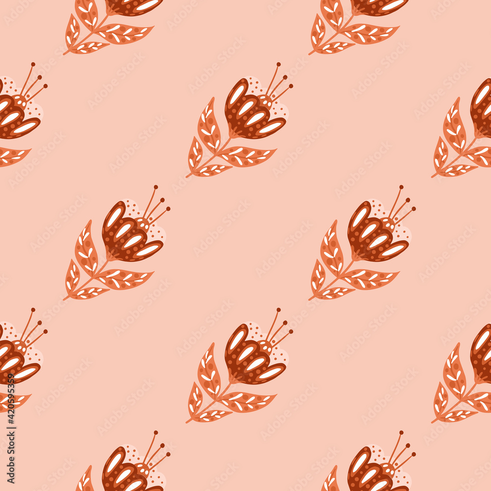Seamless tender pattern with little hand drawn folk vintage flowers silhouettes. Pastel pink background.